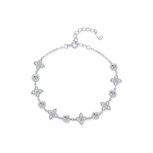 Elegant S925 sterling silver four-leaf clover bracelet with sparkling clear gemstones