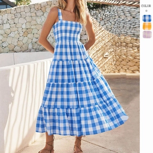 Women Gingham Cami Dress Smocked Tiered Backless Maxi Sundress Polyester Plaid Summer Casual