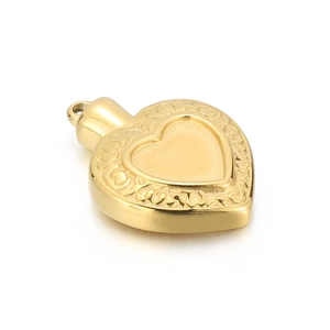 Pendentif médaillon cœur doré en acier inoxydable avec motifs floraux en relief
