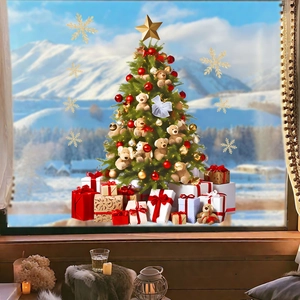 Weihnachtsbaum Fensteraufkleber mit Teddybär und Geschenken für festliche Dekoration