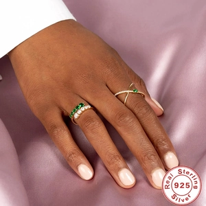 Adjustable S925 sterling silver ring with green emerald stones and micro-pave zircons