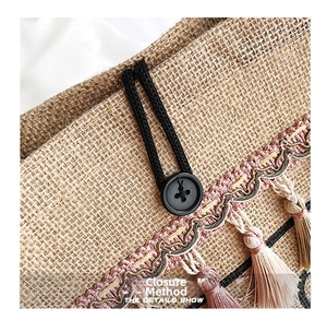 Detail of linen tote bag showing button closure, wavy trim, and colorful cotton tassels