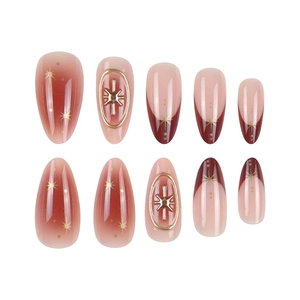 French gradient press-on nails with 3D star metallic charms in 10pcs almond shape set