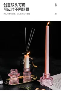 Detail of pink ribbed glass candle holder with dual-purpose design for tealights and tapers