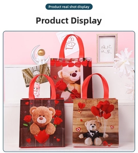 Three Valentine teddy bear non-woven gift bags with waterproof lamination and red handles