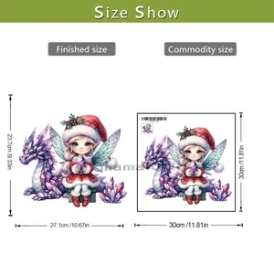 Tableau des tailles montrant le sticker elfe de Noël fini en 27,1x23,7cm sur 30x30cm