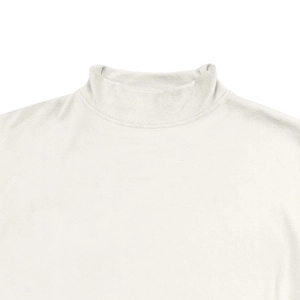 Detail of white mock neck shirt showing soft thermal fleece fabric and fine stitching
