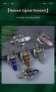 Detail of six hexagonal crystal pendants wrapped in silver dragon charms on a dark box