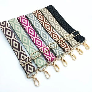 Adjustable woven shoulder straps with geometric diamond patterns and gold metal buckles