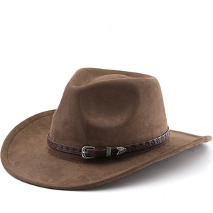 Vintage Western Cowboy Hat Faux Suede Wide Brim Jazz Fedora With Leather Band Ethnic Style Sun Protection Outdoor