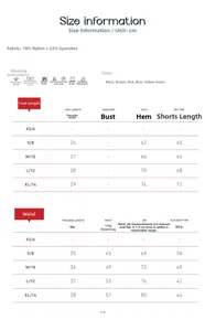 Size guide for women fitness yoga set including sports bra and high waist shorts measurements