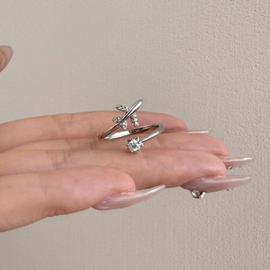 S925 sterling silver open ring with airplane design and sparkling zircon stone for women