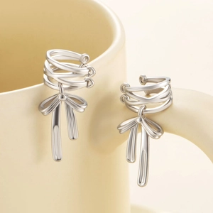 Bow Pendant Ear Clip Copper Zircon Non Pierced Ribbon Tassel Multi Layer Silver Color Sweet Cool Style Women Girls Jewelry