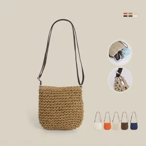 Women Woven Straw Shoulder Bag Summer Beach Vacation Bucket Crossbody Purse Zipper Closure Adjustable Strap