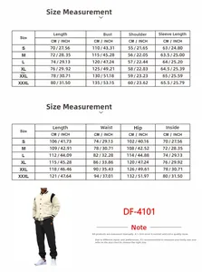 Detailed size chart for baseball jacket and pants set showing bust and waist measurements