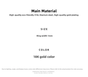 Detail of 1mm thin 316L titanium steel ring with 18K gold plating specifications