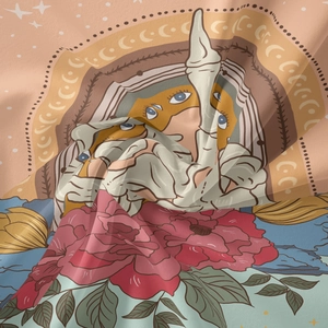 Macro shot of bohemian tapestry fabric showing skull hand and floral patterns
