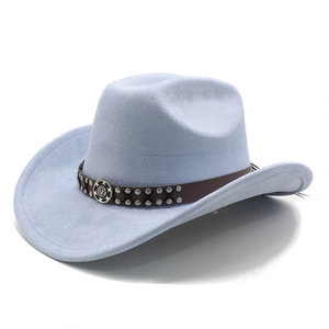 Macro detail of light blue wool felt fedora featuring leather band with silver rivets