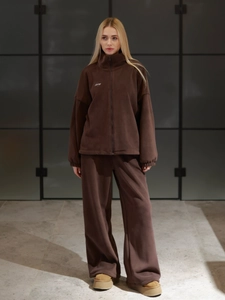 Women's brown fleece two-piece set featuring a zipper cardigan and wide-leg sports pants