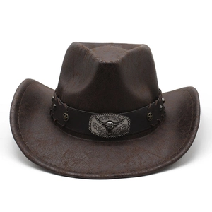 Klassischer dunkelbrauner Western-Cowboyhut aus Wildleder mit Stierschnalle und Nieten