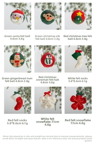 Detailed view of nine handmade wool felt Christmas ornaments with festive patterns