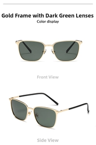 Detailed views of vintage square metal polarized sunglasses with gold frame and green lens