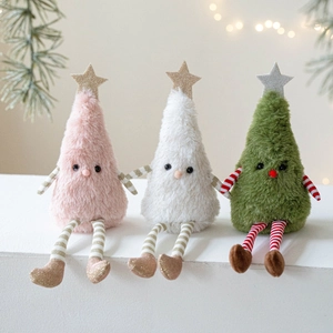 Three plush Christmas tree dolls with long striped legs in pink, white, and green styles