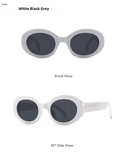 Front and 45-degree side view of oval marble pattern sunglasses with white frames
