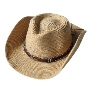 Retro straw cowboy hat with beaded band and feather charm, wide brim sun protection hat