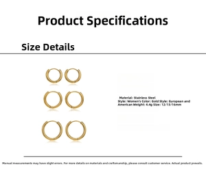 Three pairs of golden stainless steel hoop earrings in 12mm 13mm and 16mm sizes