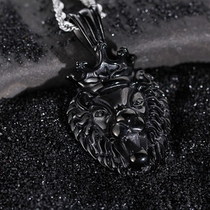 Hip hop style black stainless steel roaring lion king pendant necklace with crown decor