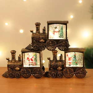 Vintage bronze Christmas train lantern with Santa, Snowman and LED glitter water effect