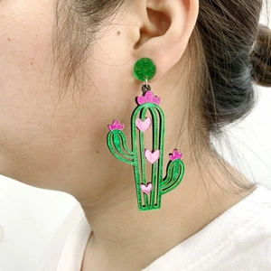 Bohemian cactus drop earrings with green glitter acrylic and pink heart detail