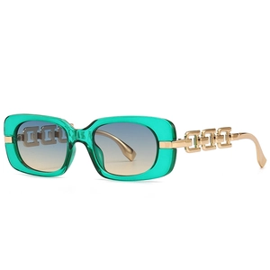 Green rectangle sunglasses with gradient lenses and stylish gold chain metal temples
