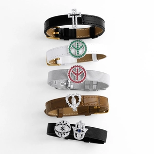 Leather and mesh band bracelets with colorful zircon evil eye and cross charms
