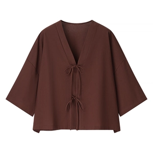 Ensemble pour femme en coton et lin marron foncé avec cardigan à lacets et col en V
