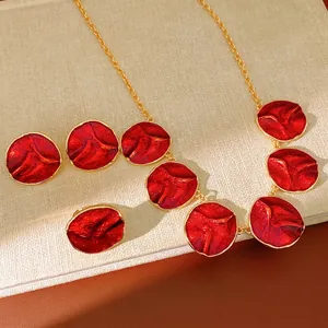 Vintage Red Enamel Round Jewelry Necklace Earrings And Ring Gold Tone Alloy Wrinkled Textured Accessory For Women