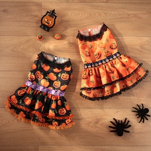 Flat lay of Halloween pet dresses with pumpkin prints and lace trim on wood floor