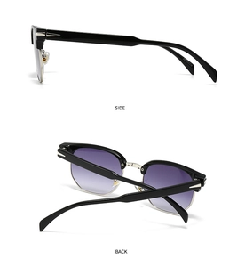 Detailed side and back views of classic semi-rimless square sunglasses with purple gradient lenses