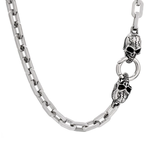 Punk silver stainless steel skull necklace featuring thick rectangular links and central ring