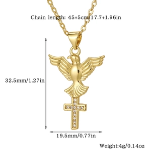 Detailed dimensions of gold cross and dove pendant necklace with cubic zirconia inlay
