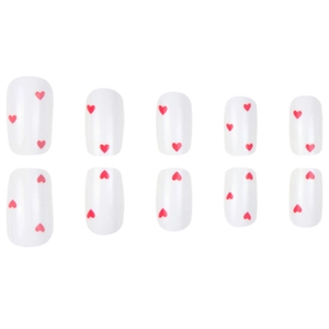 Glossy white square-oval press-on nails with minimalist red heart patterns 10pc set