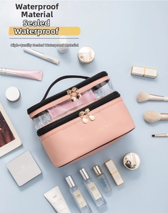 Close-up of pink double-layer cosmetic bag with transparent top and golden zippers