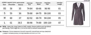 Detailed size chart showing measurements for the V-neck polka dot long sleeve dress