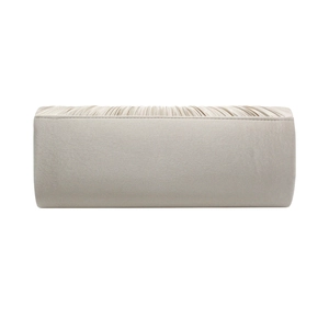 Detail of champagne satin evening clutch with elegant pleated trim and a silk texture