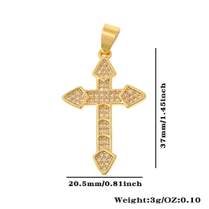 Detailed view of golden cross pendant with dimensions 37mm by 20.5mm and 3g weight info