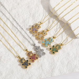 Colorful zircon teddy bear pendant necklaces in various hues with 14K gold plated chains