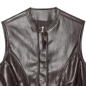 Women's dark brown faux leather biker vest with round neck and front zipper closure