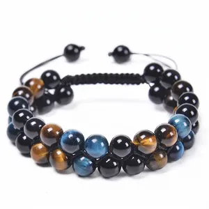 Double Layer Blue Yellow Tiger Eye Black Agate Magnetic Stone Beaded Bracelet Adjustable Braided Rope Jewelry Unisex