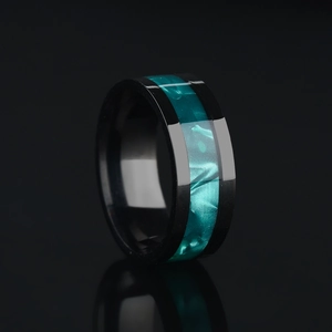 Polished black stainless steel ring with vibrant turquoise marble inlay for men and women